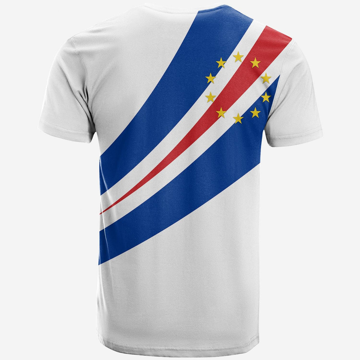 White T-shirt with Cape Verde flag diagonal stripes graphic, back view