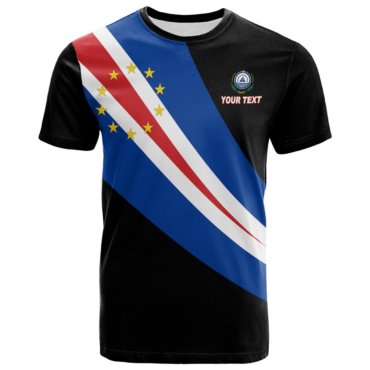 Custom Cape Verde flag T-shirt, black with diagonal blue-red stripe and stars, 'YOUR TEXT'