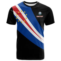 Custom Cape Verde flag T-shirt, black with diagonal blue-red stripe and stars, 'YOUR TEXT'