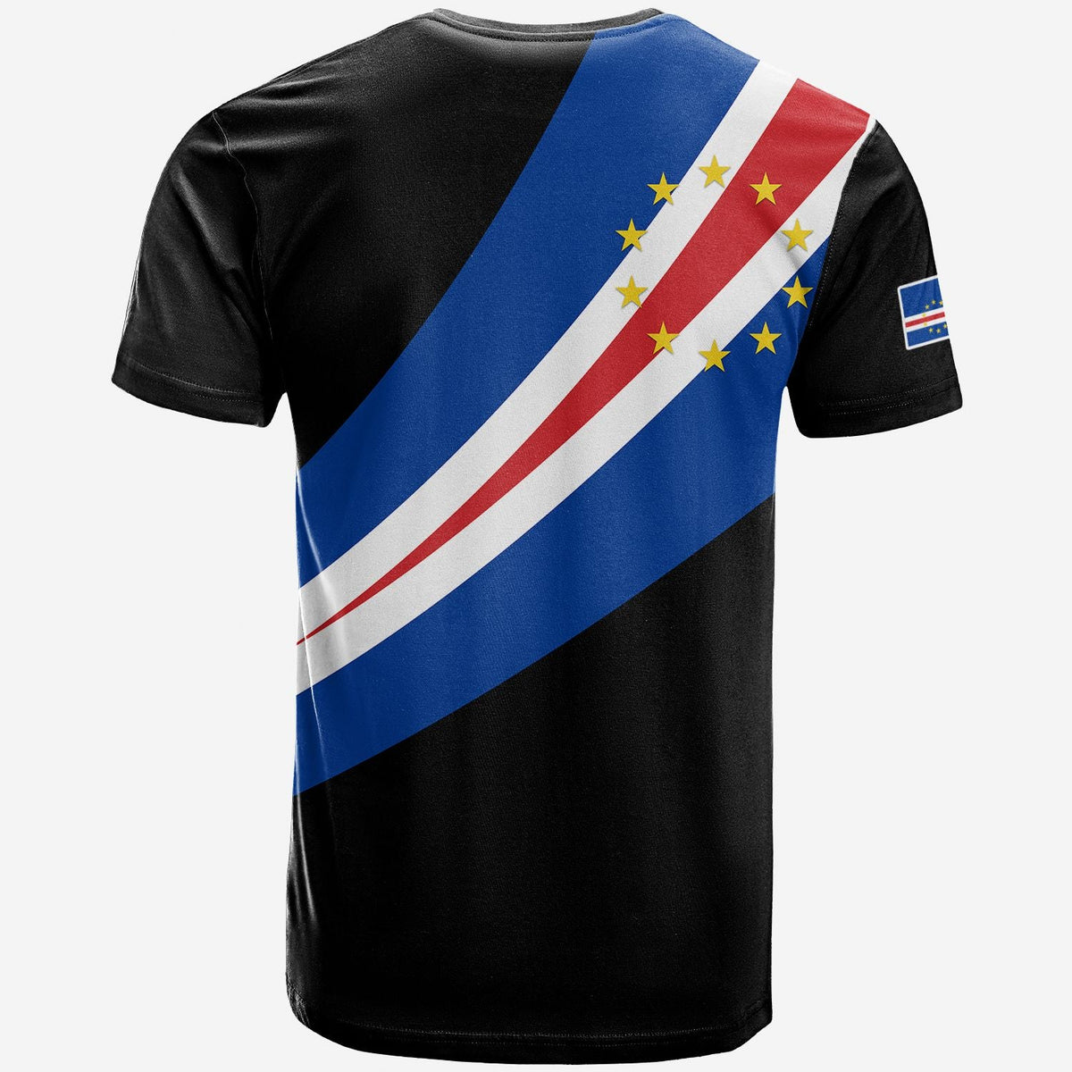 Black Cape Verde flag T-shirt, back view with diagonal blue-red stripe and stars