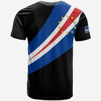 Black Cape Verde flag T-shirt, back view with diagonal blue-red stripe and stars