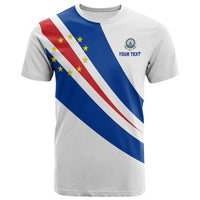White T-shirt with diagonal Cape Verde flag print and “YOUR TEXT” logo front