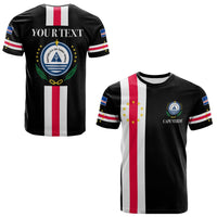 Black T-shirt with Cape Verde flag stripe, back print with logo and “YOUR TEXT”
