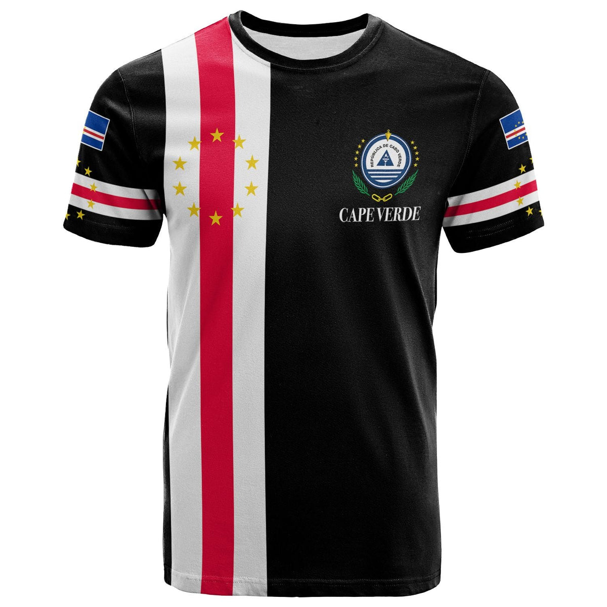 Black T-shirt with Cape Verde flag stripe, front chest logo and sleeve flag patches
