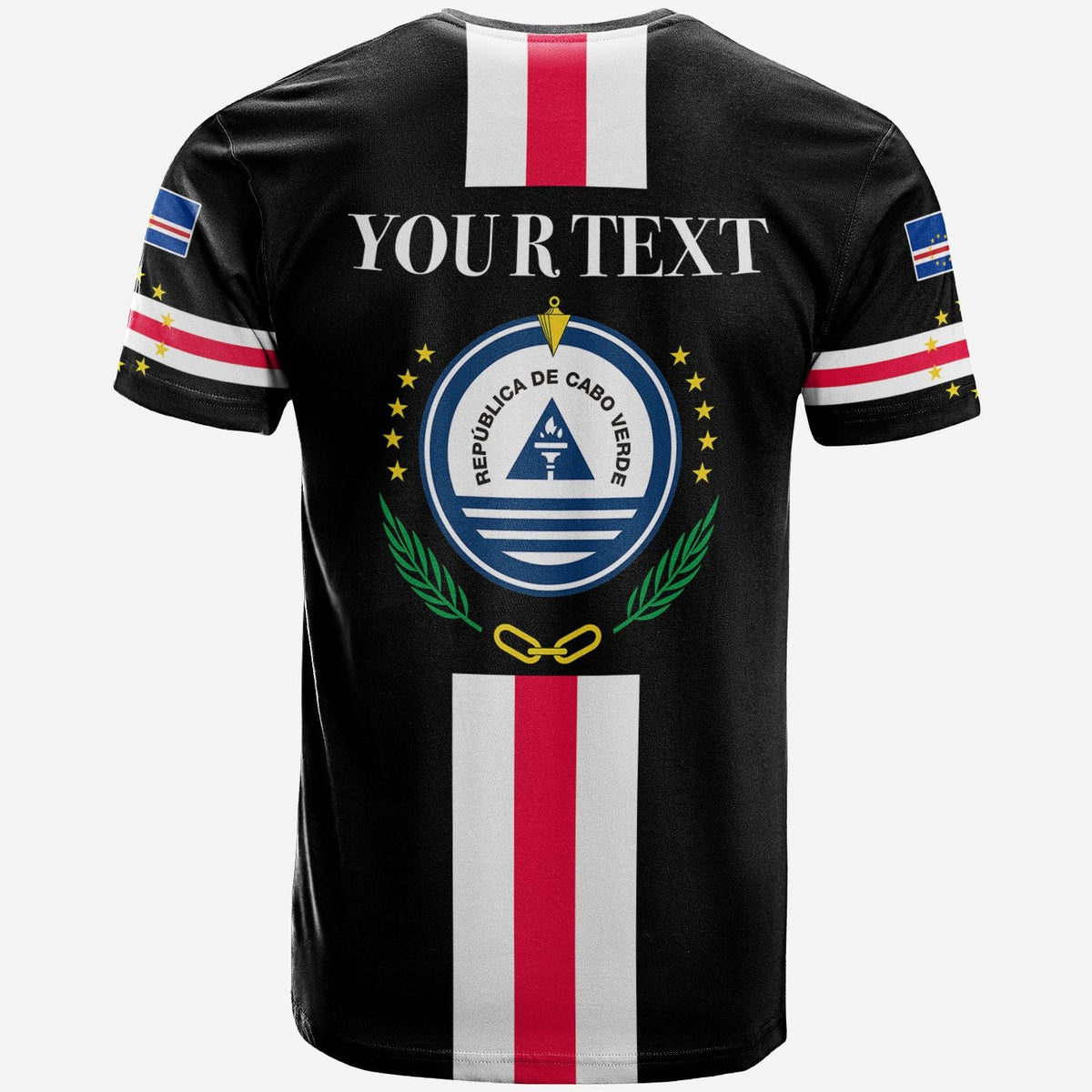 Black T-shirt with Cape Verde flag stripe, back print logo with crest and wreath