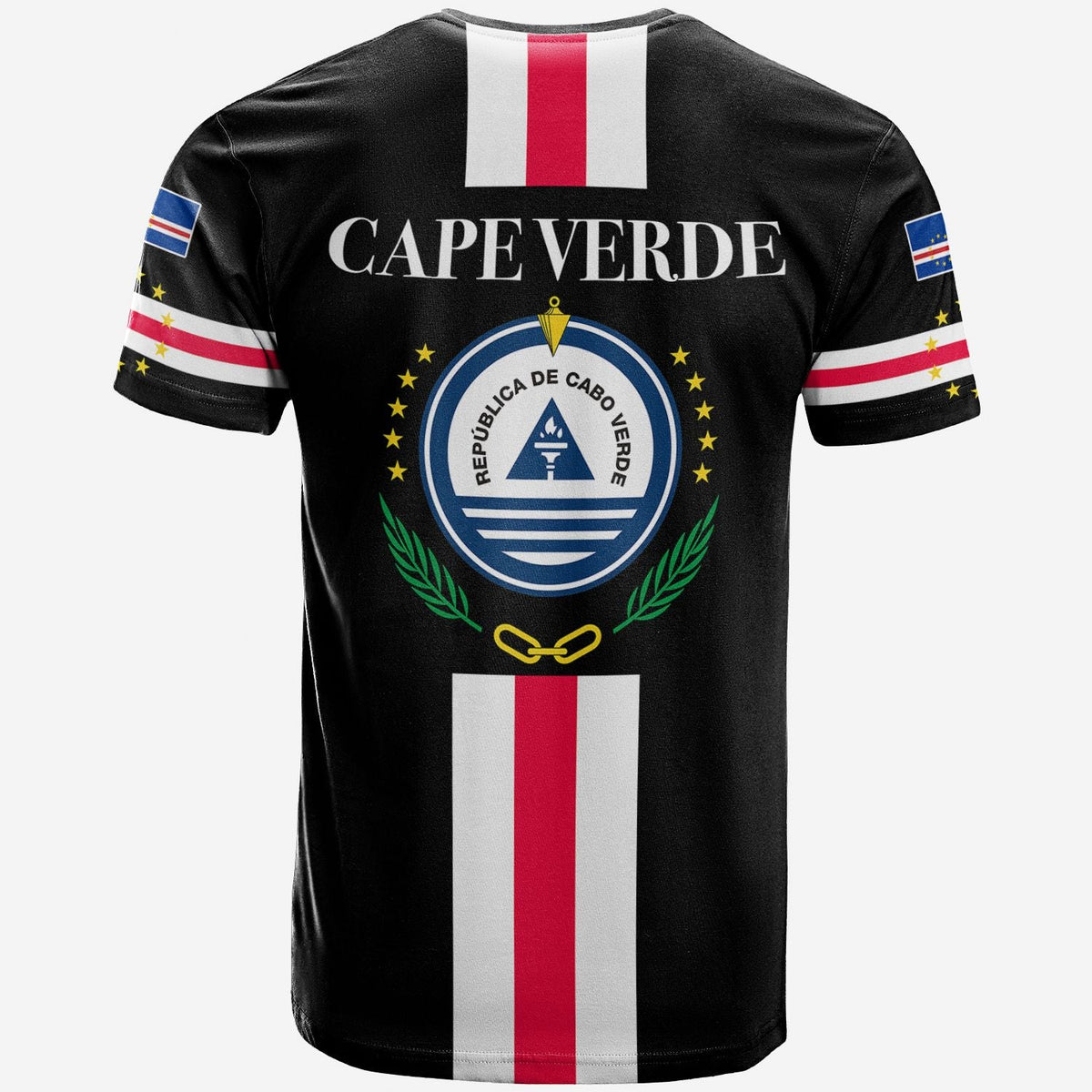 Cape Verde striped black T-shirt back with large text and crest emblem