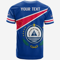 Blue Cape Verde flag T-shirt, 'YOUR TEXT' on back with crest graphic