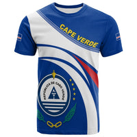Blue Cape Verde T-shirt with diagonal white stripe and “CAPE VERDE” yellow print