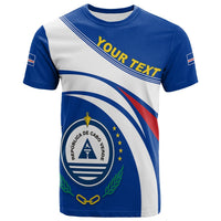 Blue T-shirt with white diagonal design and Cape Verde crest on the front