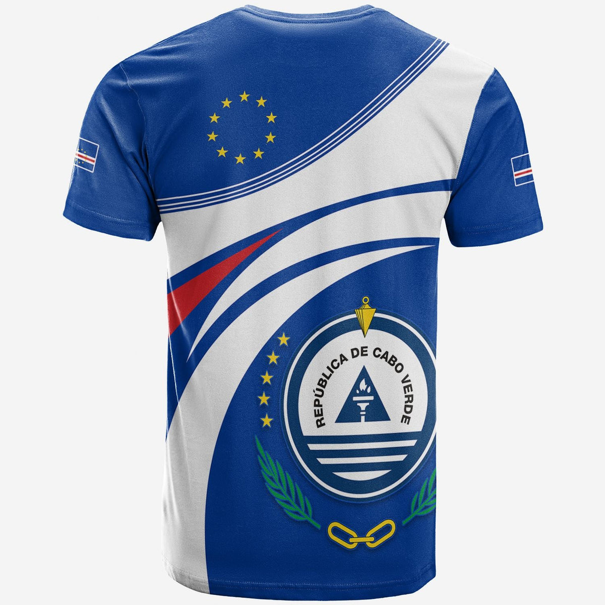 Blue T-shirt with large back graphic: Cape Verde crest, EU stars, and stripes