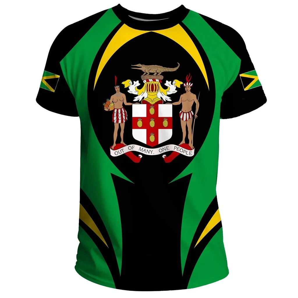 Green and black Jamaica action T-shirt with central crest and “Out of Many, One People” graphic
