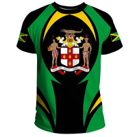 Green and black Jamaica action T-shirt with central crest and “Out of Many, One People” graphic