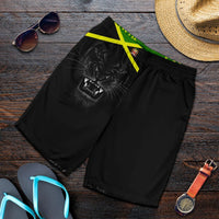 Black men’s shorts with Jamaica flag waistband and roaring lion front print