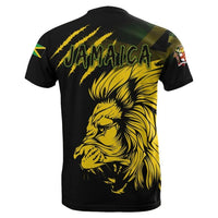 Black T-shirt back with JAMAICA lettering and yellow lion face graphic