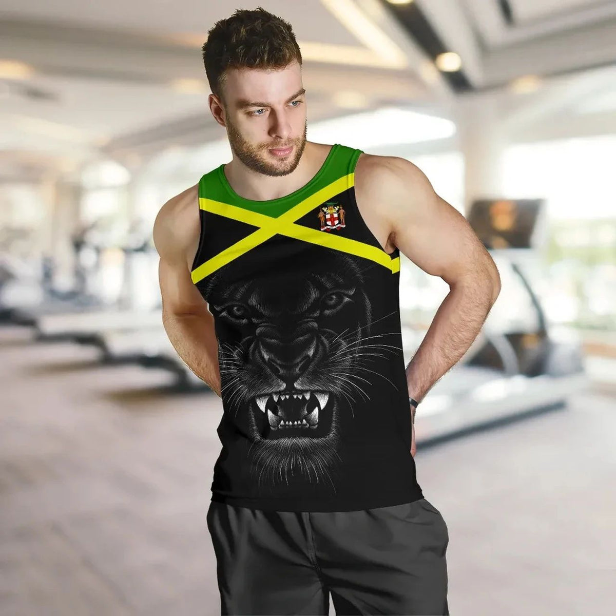 Men’s black tank top with green/yellow Jamaica cross and roaring lion graphic