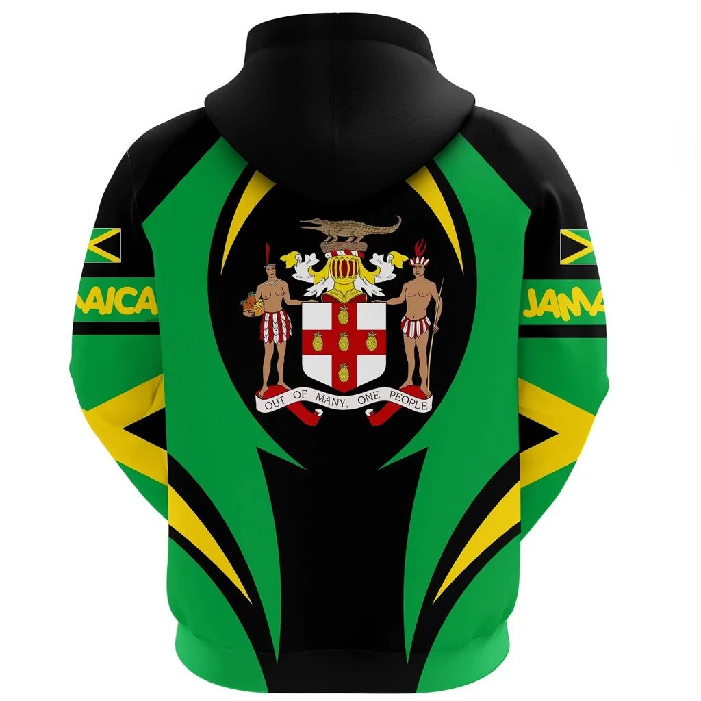 Green zip hoodie with Jamaica flag crest graphic, back