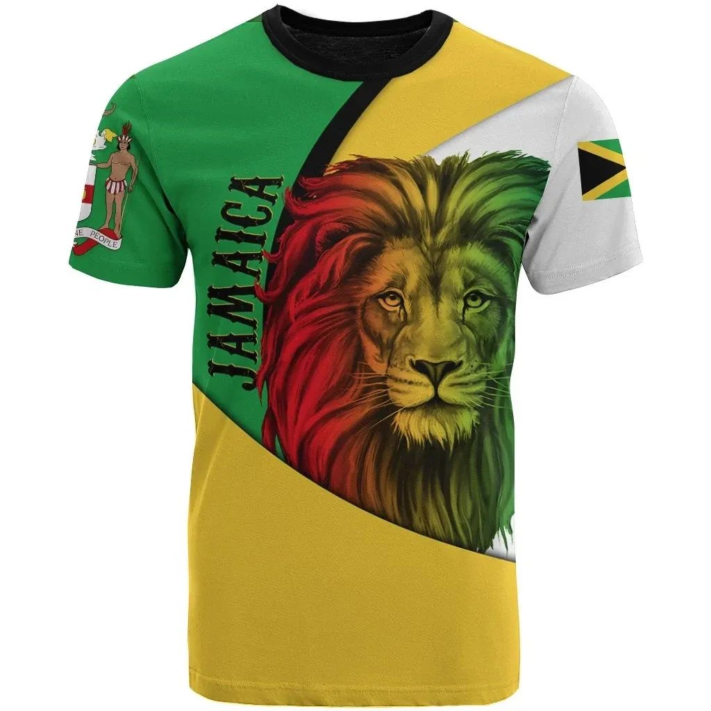 Green, yellow and white T-shirt with lion face graphic and coat-of-arms shield