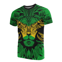Green T-shirt with lion face and tribal leaf print, crew neck, short sleeves