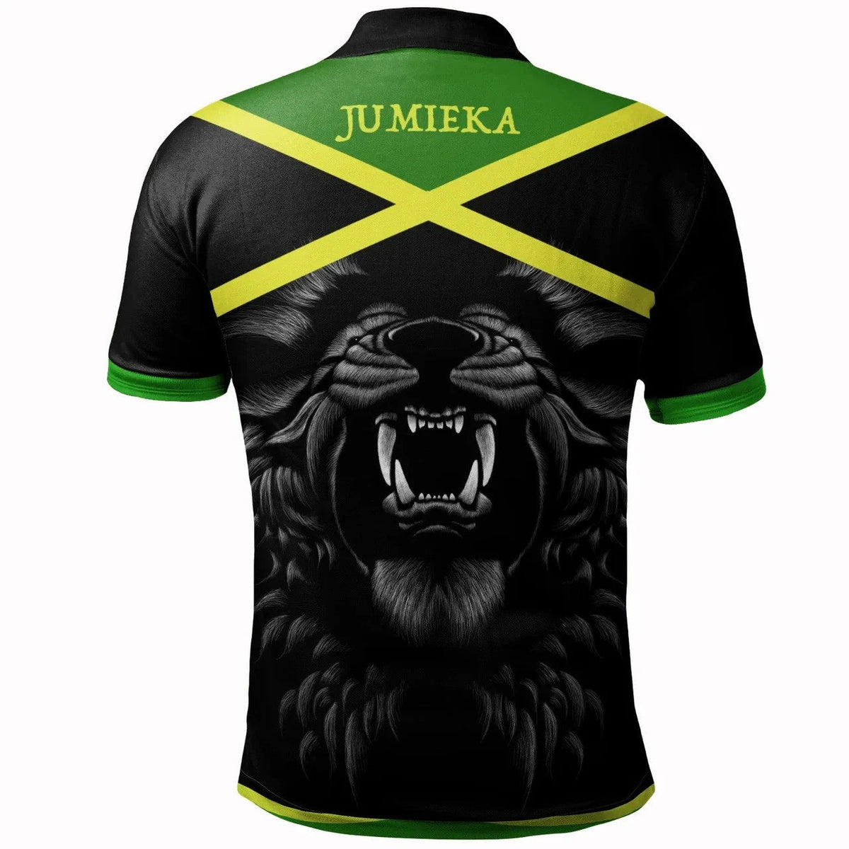 Black polo shirt back: roaring lion graphic with green-yellow stripe and JUMIEKA text