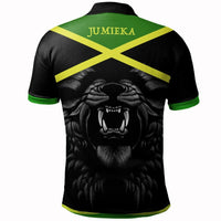 Black polo shirt back: roaring lion graphic with green-yellow stripe and JUMIEKA text