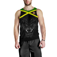 Men’s black tank top with green collar, yellow X, roaring lion front print