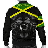 Black bomber with Jamaican flag X stripes and back roaring lion graphic, JUMIEKA text