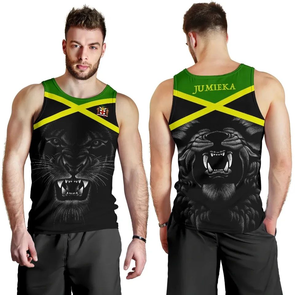 Men’s black tank top front and back: green collar, yellow X, roaring lion graphic