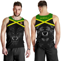 Men’s black tank top front and back: green collar, yellow X, roaring lion graphic