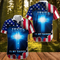 Black Hawaiian button-up shirt with stars-and-stripes Jesus graphic, short sleeves