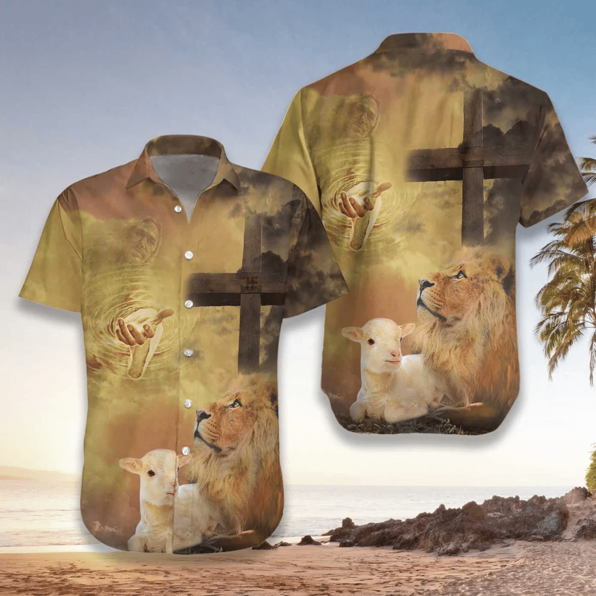 Gold Hawaiian button-up shirt with lion, cross, and hands print on front and back