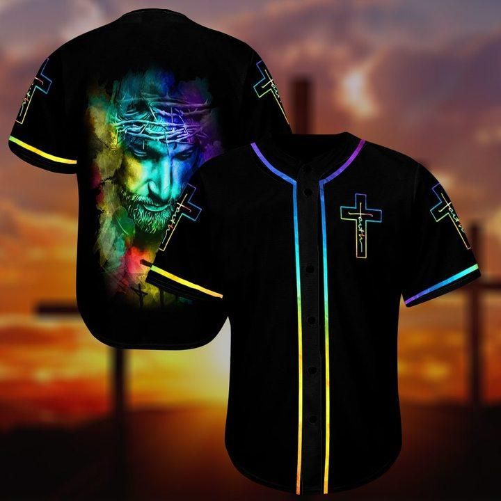 Black Christian Jesus baseball jersey LT13 with neon cross and portrait front