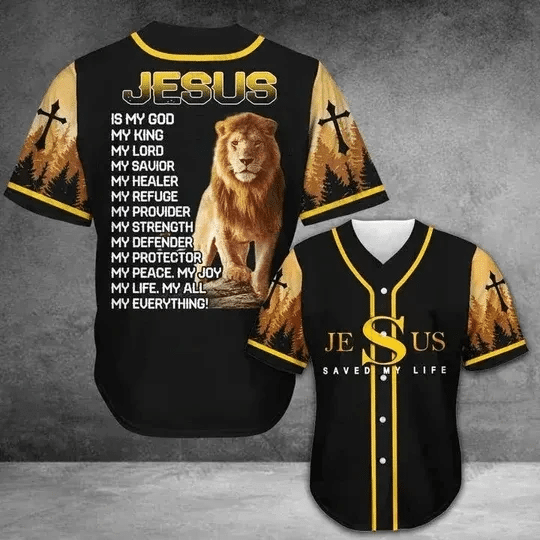 Black baseball jersey with gold Lion Jesus graphic and yellow trim, button front