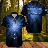 Blue short-sleeve button-up Hawaiian shirt, 'MAN OF GOD' back print with cross