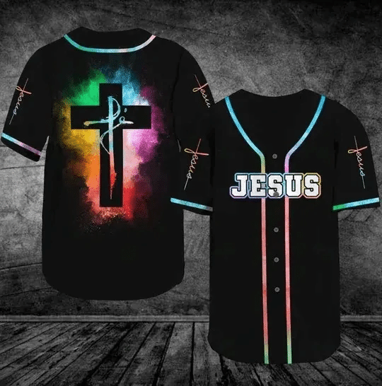 Black baseball jersey with multicolor cross graphic and JESUS lettering, rainbow trim