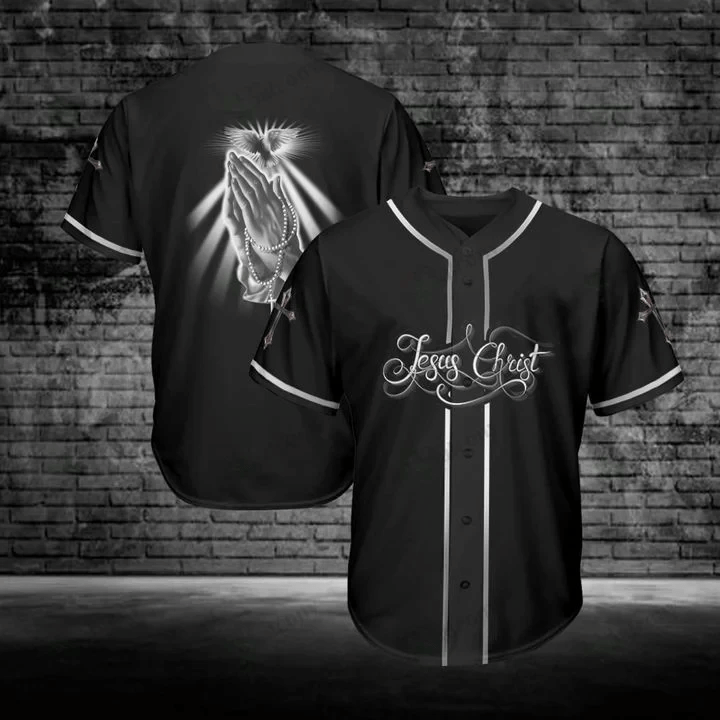 Black baseball jersey with “Jesus Christ” script logo and white trim buttons