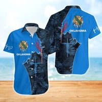 Blue Hawaiian shirt with black tropical print, Oklahoma text and cross design