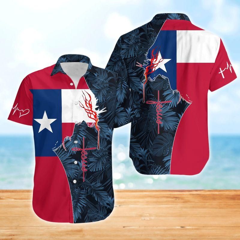 Blue, red and white Texas-style Hawaiian shirt with palm print and devil horns