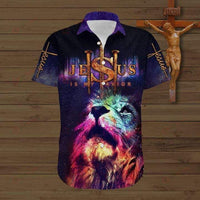 Black Hawaiian shirt with lion-and-Jesus front graphic, cross and 'my savior' text