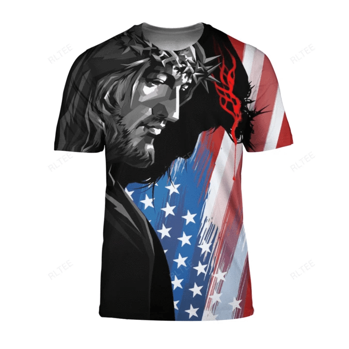 Black T-shirt with Jesus portrait and American flag graphic