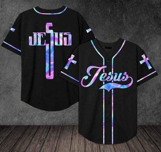 Black baseball jersey with hologram Jesus script and cross graphic, button front