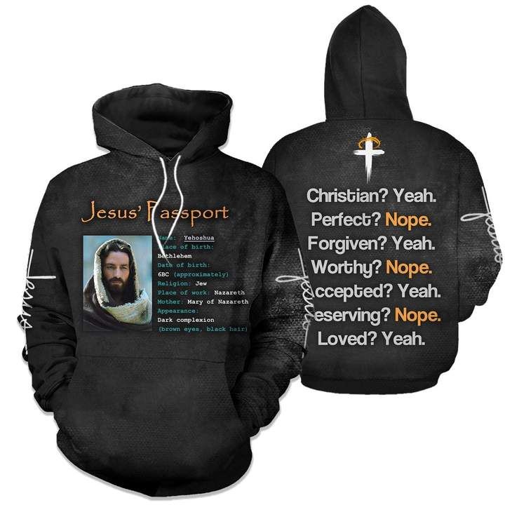 Black pullover hoodie with front 'Jesus' passport' print and back gold cross text