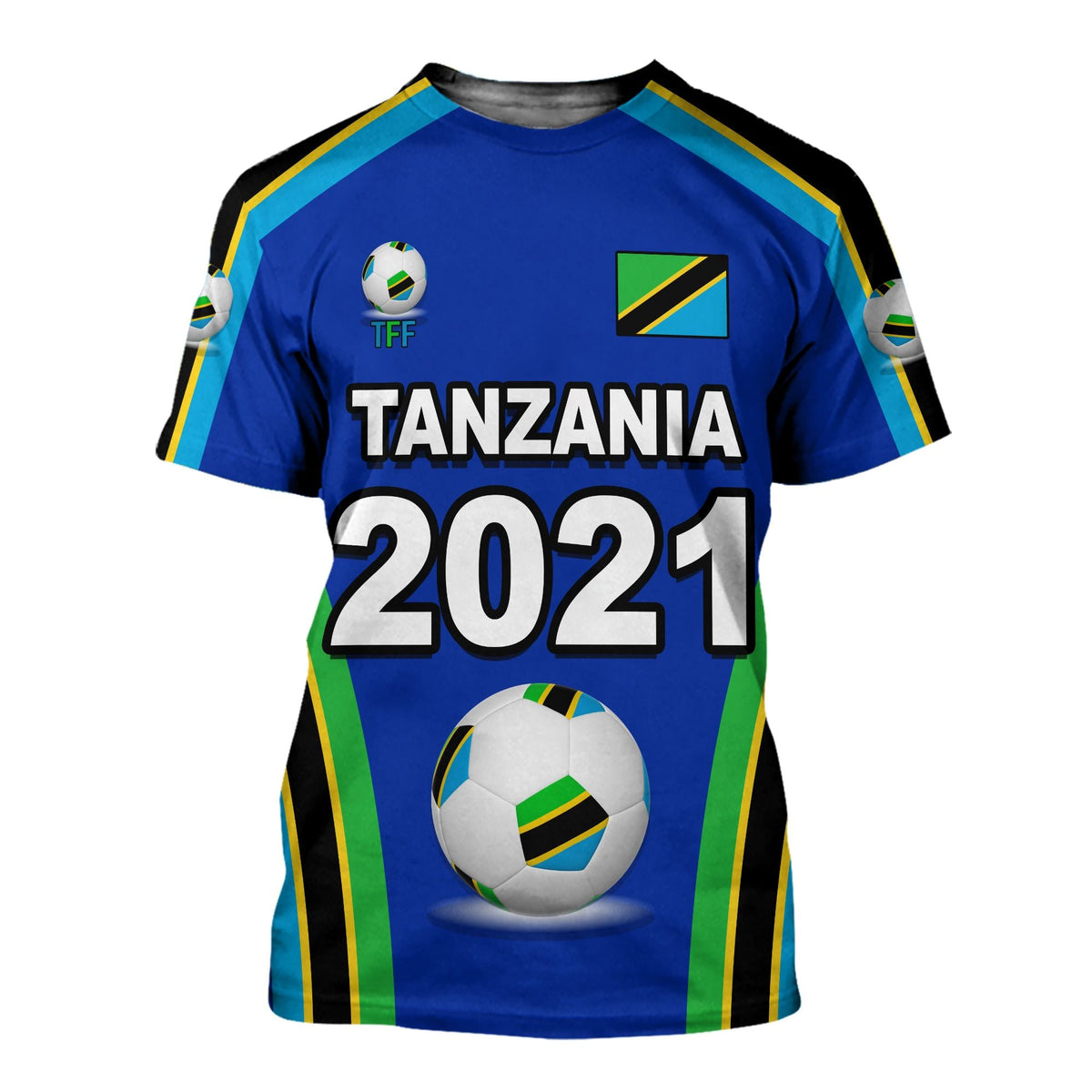 Kids Tanzania 2021 football T-shirt, blue with flag graphics and soccer ball