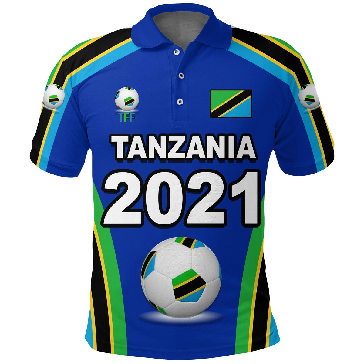 Blue Tanzania 2021 polo shirt with front “Tanzania 2021” print and soccer-ball graphic