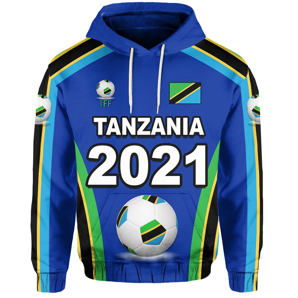 Tanzania 2021 football team mix flag pullover hoodie, blue with hood and drawstrings
