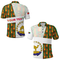 White polo shirt with Kente pattern panels and custom 'YOUR TEXT' on back