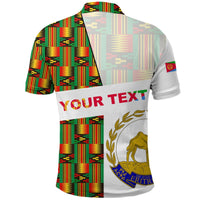 White polo shirt back with Kente pattern stripe panel and 'YOUR TEXT' across chest