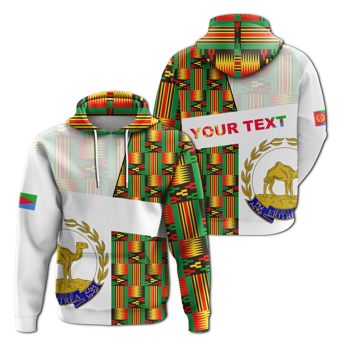 White pullover hoodie with Eritrea Kente stripe pattern and lion emblem