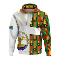 White pullover hoodie back view with kente pattern and drawstring hood, flag patch