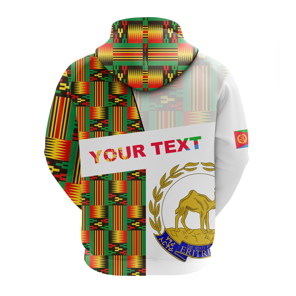 White pullover hoodie back with kente pattern and large 'YOUR TEXT' print