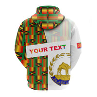 White pullover hoodie back with kente pattern and large 'YOUR TEXT' print